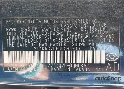 2006 Toyota Corolla Matrix Xr из США, поврежденный, VIN 2T1KR32E66C586713